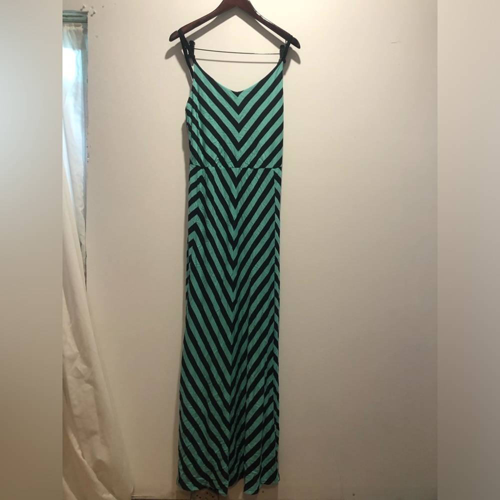 Striped V-Neck Maxi Dress in Teal and Black